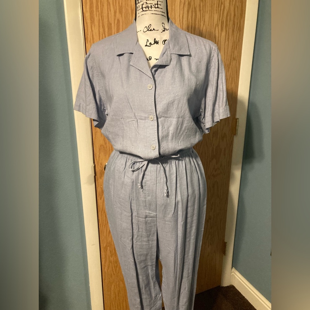 Erin London Light Blue Button-Up Shirt and Pant Set Embroidered Floral Linen